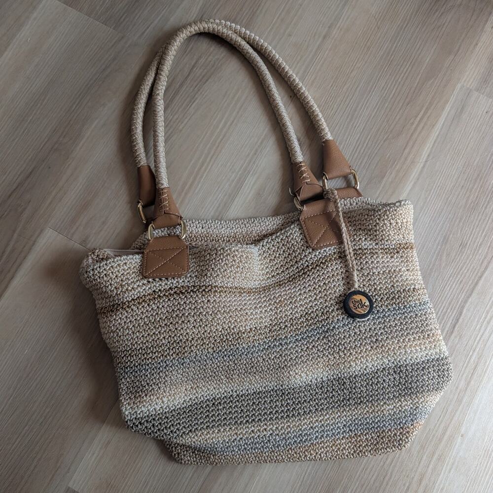 The Sak Cambria Crochet Tote Bag Neutral Stripe Tan Beige Boho Shoulder Purse